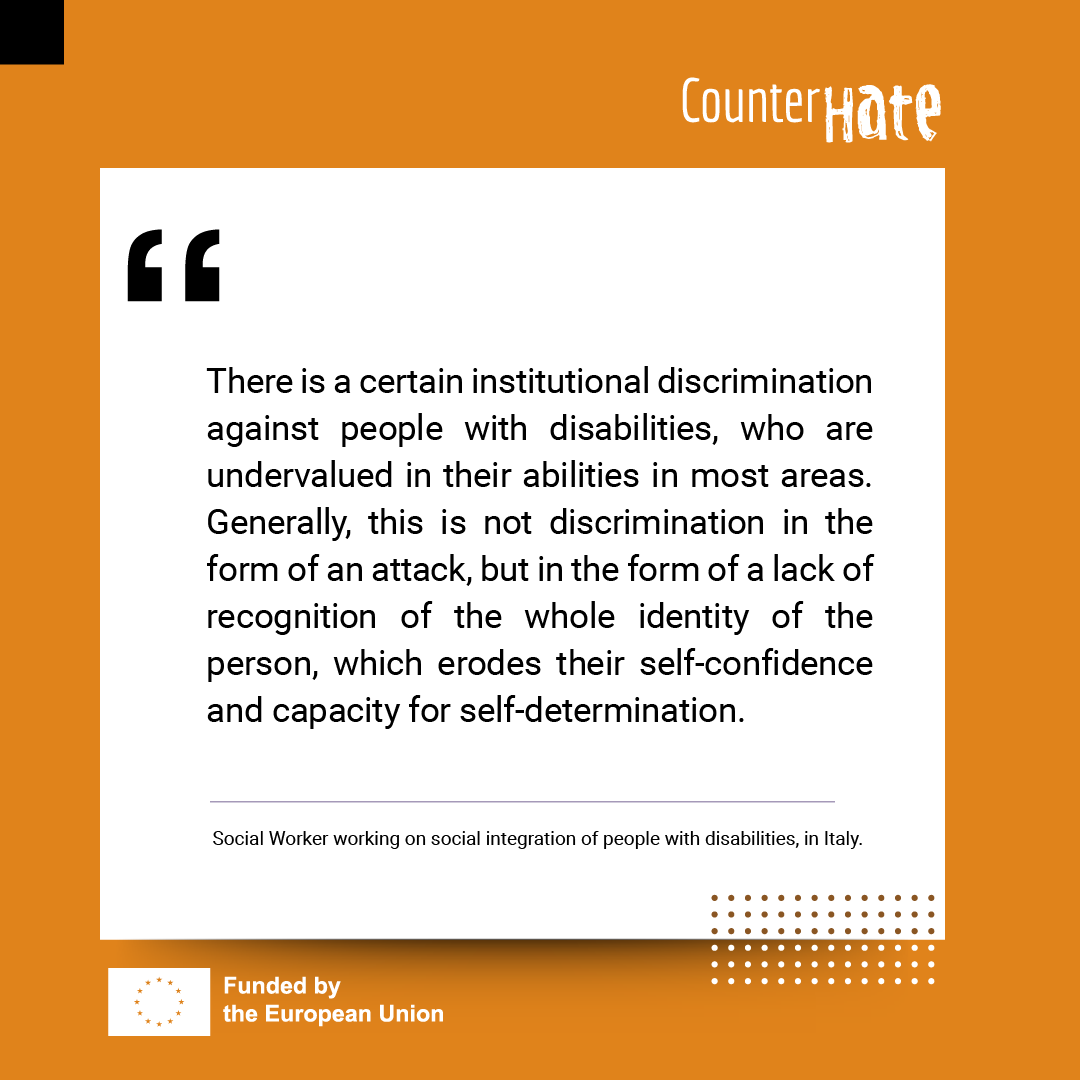 CounterHate_eu's tweet photo. 💬When survivors and experts talk...☟
A #socialworkwer in Italy talks about the discrimination against people with disabilities.
Retweet and spread the word!
#CounterHate_eu #EUprojects #justice #testimonials @EU_Justice #counterhate_testimonials https://t.co/66ckdjPHLL