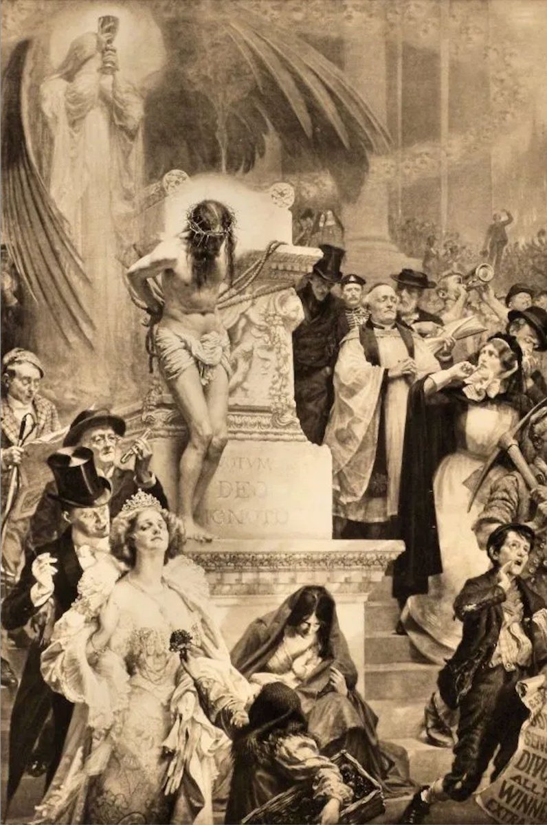Damihibibere's tweet photo. Esta es una litografía de Sigismund Goetze que muestra un grupo de figuras de principios del siglo XX que descienden por una escalera.

 En el centro hay un pilar cuadrado sobre el que se encuentra la figura atada de Cristo con la corona de espinas. https://t.co/PpM2d8YFO6