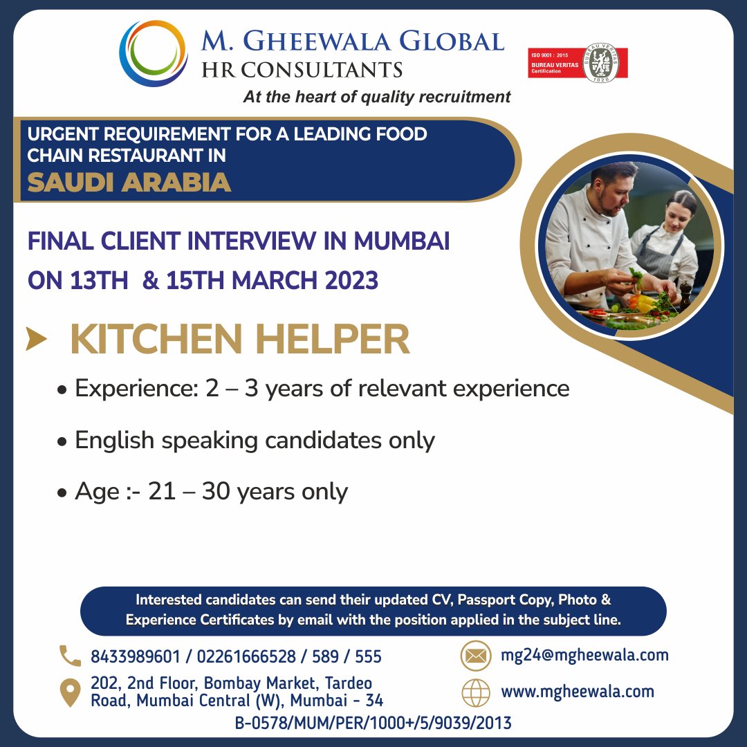 mgheewala_hrc's tweet photo. Job Vacancies for #Saudiarabia

Interested Candidates can send the updated resume to mg24@mgheewala.com

Job Opportunities on Telegram - https://t.co/831AMM3MsU
Learn More https://t.co/Ps4bxv2mB1

#helper #kitchenhelper #helperjob #foodchain #restaurant #saudijobs #jobsinsaudi https://t.co/cQuFl10ezk