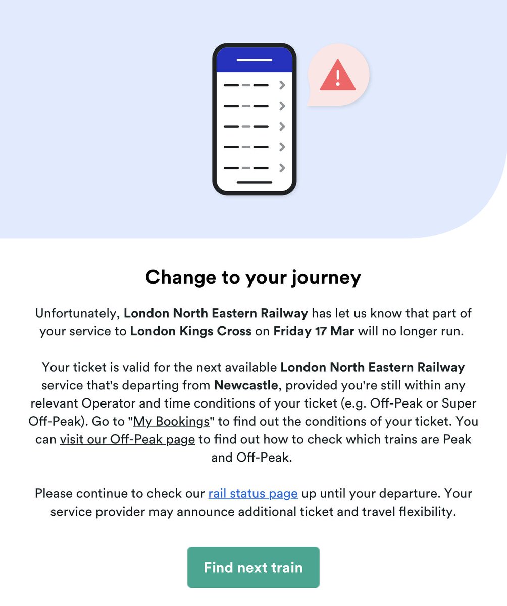 haloitsmichael's tweet photo. @thetrainline Morning! I have just got this message affecting NCL to KGX on 17th Mar. But it seems my 8.58 train is still scheduled (for now). Is this a generic message sent to everyone travelling that day due to disruption or specifically to people whose reservation is affected? https://t.co/VcUFVYrYwM