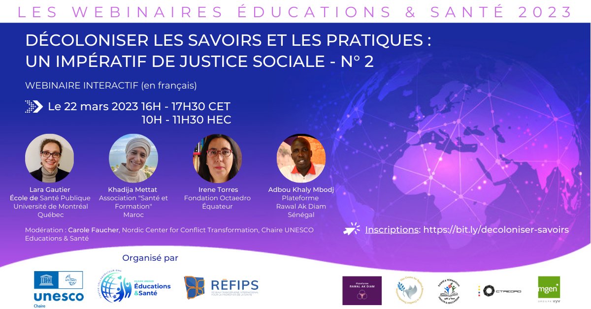 UNESCO Chair Global Health & Education (@unescochairghe) on Twitter photo 📆 22 mars 2023, Décoloniser les savoirs et les pratiques, un webinaire co-organisé avec le REFIPS. Avec <a href="/CaroleFaucher1/">Carole Faucher</a>, Abdou Khaly Mbodj, Irene Torres, Lara Gautier et Khadija Mettat.
➡️Inscrivez-vous ici : bit.ly/decoloniser-sa…
ℹ️ chaireunesco-es.org/2023/02/22/22-… 📆 22 mars 2023, Décoloniser les savoirs et les pratiques, un webinaire co-organisé avec le REFIPS. Avec <a href="/CaroleFaucher1/">Carole Faucher</a>, Abdou Khaly Mbodj, Irene Torres, Lara Gautier et Khadija Mettat.
➡️Inscrivez-vous ici : bit.ly/decoloniser-sa…
ℹ️ chaireunesco-es.org/2023/02/22/22-…
