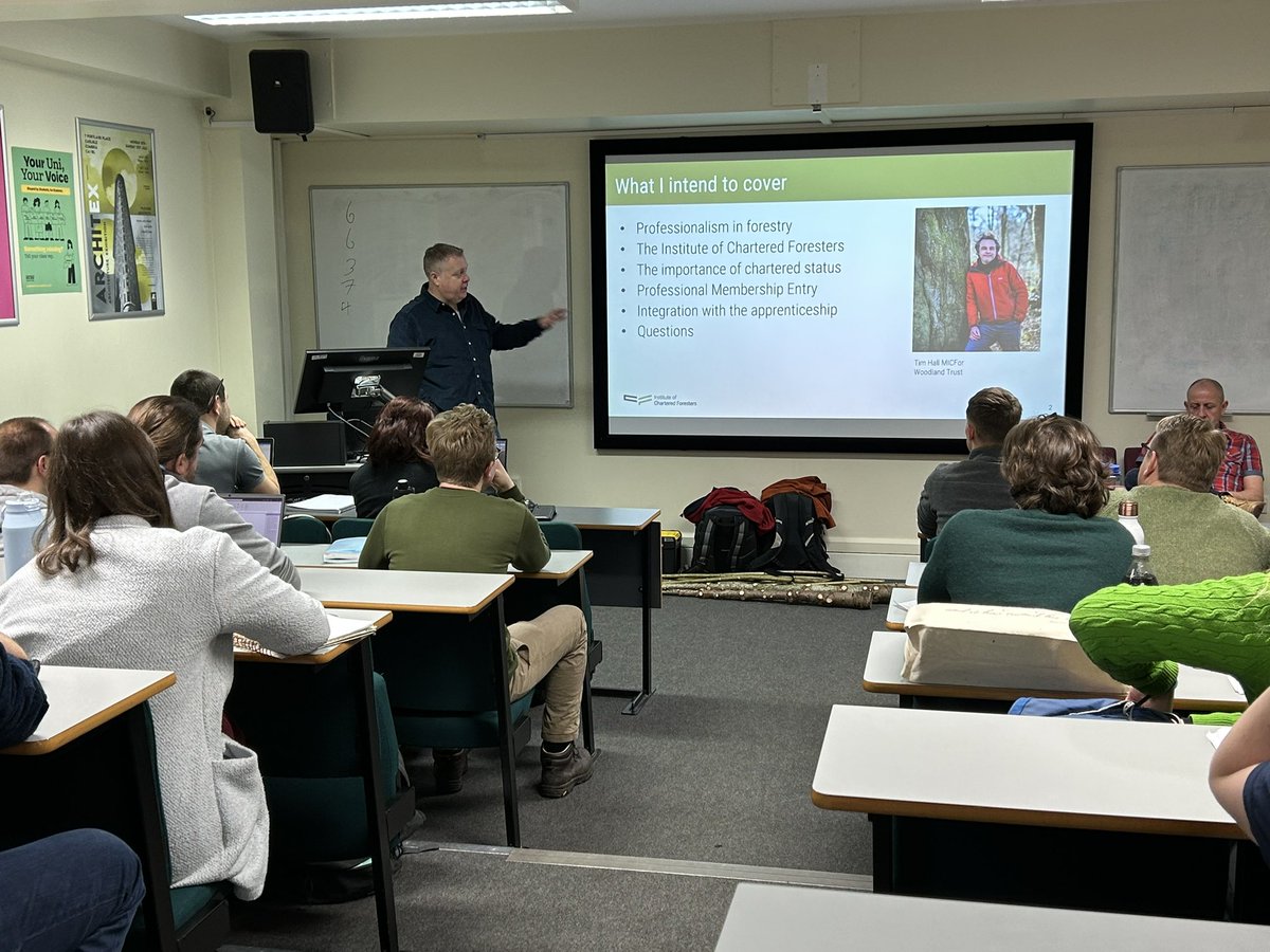 It’s the final day of Wood Utilisation  module and our opening act is @stuglen from @TheICF talking about professional development and routes for professional membership.  #NurtureGrowThrive #futureforesters