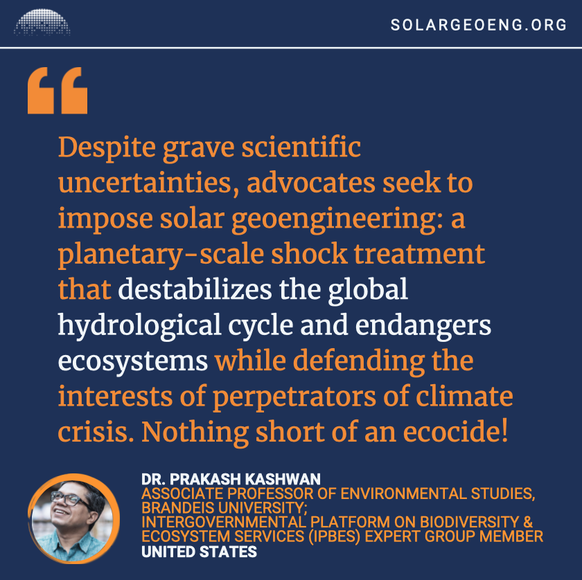 SolarGeoeng's tweet image. Dr. @PKashwan on why he supports a #solargeoengineering non-use agreement.

He's the author of Democracy in the Woods: Environmental Conservation and Social Justice in India, Tanzania, and Mexico, editor of Climate Justice in India and co-founder of the Climate Justice Network.