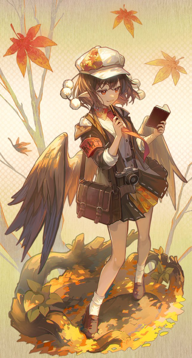 shameimaru aya 1girl hat skirt solo pen shirt wings  illustration images