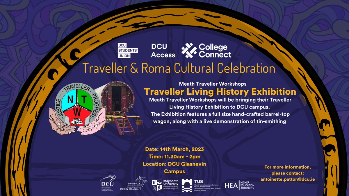 As part of @MEND_CC 'Traveller and Roma Cultural Celebration' with @DCUAccess and @DCUSU, @TravellersMeath will 'bug' (bring) their Living History Exhibition to make #TravellerCulture visible on @DCU Glasnevin campus.

Don't miss the barrel-top wagon and live tinsmithing demo!