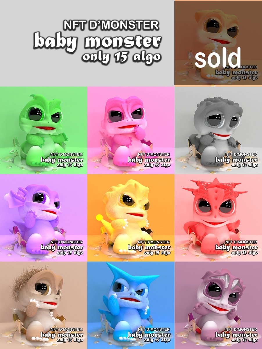 Baby Monster Series
AVALABLE RIGHT NOW!!!
Only 15Algo
dartroom.xyz/artists/6309f4…
Tag 
<a href="/3dmodelNFT/">Tower Defense NFT</a>
 <a href="/robowars3/">robowars3DNFT</a>
 <a href="/droidz3dnft/">i-Robo</a>
 
#NFT #nftcollector #NFTdrop #NFTMarketplace #NFTMint #NFTCommmunity #algofam #algoNFTs