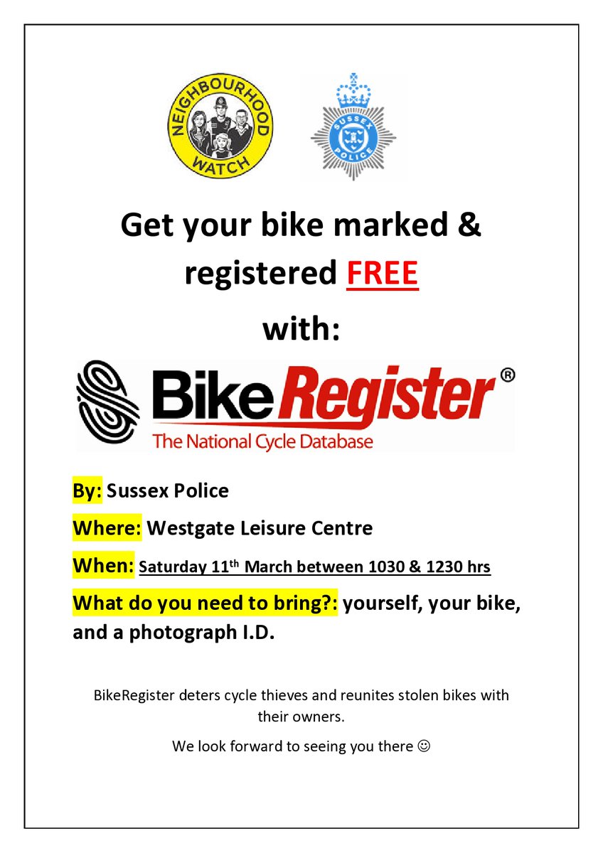 FishbournePC's tweet image. Bike marking tomorrow (Saturday 11 March) at Westgate 10.30-12.30