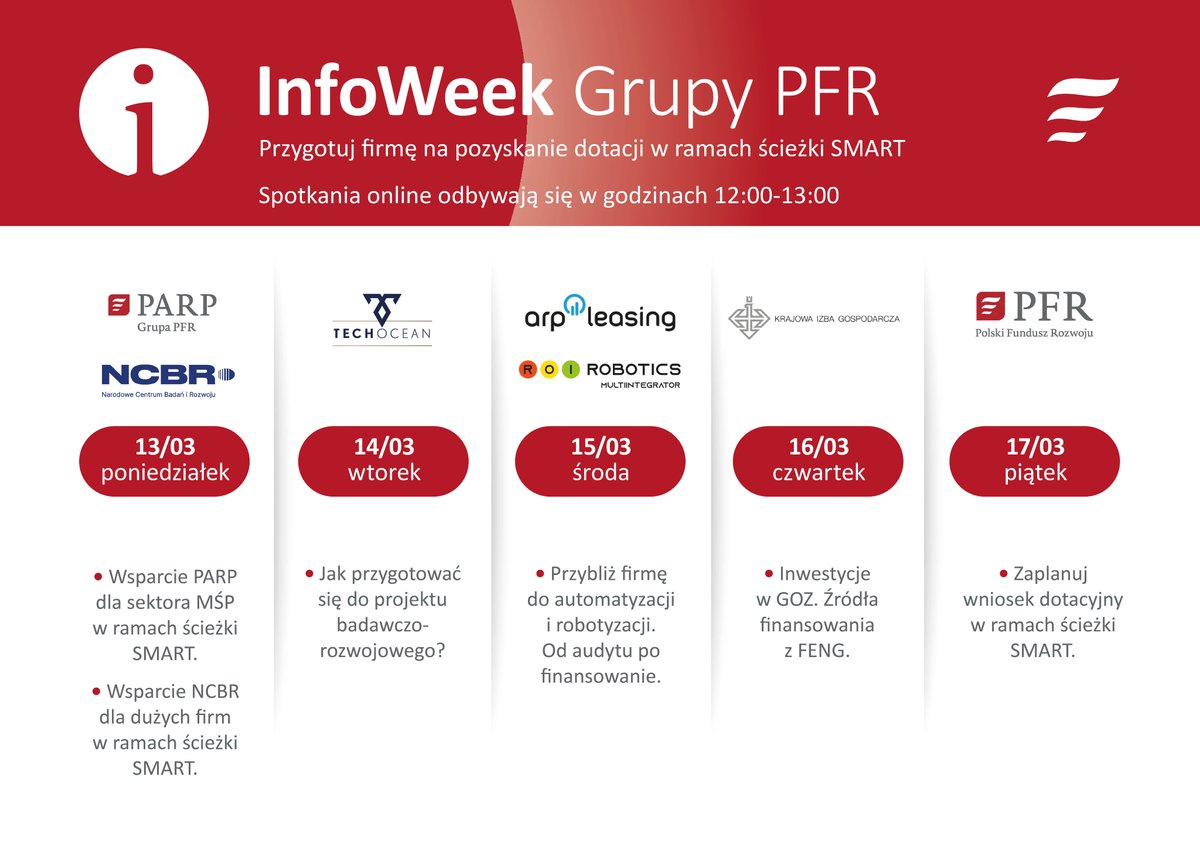 PFR_pl's tweet photo. W poniedziałek 13 marca rusza cykl spotkań online #PFRinfoWeek. Tym razem przedsiębiorcy mają szanse dowiedzieć się, jak przygotować firmę na pozyskanie dotacji w ramach ścieżki SMART #FENG.
Zarejestruj się!
👉 https://t.co/WUbButJe1I https://t.co/Xyca5XEqBX