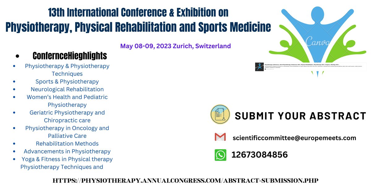 AlexaAl05782361's tweet photo. I would like to invite all the interested members of your esteemed organization to be a part of our upcoming 13th International Conference &amp; Exhibition on #Physiotherapy_PhysicalRehabilitation &amp;Sports Medicine Conference.
To Submit Abstract,Kindly Visit:https://t.co/bp7XAc2yA6 https://t.co/nl1gnsTBLA
