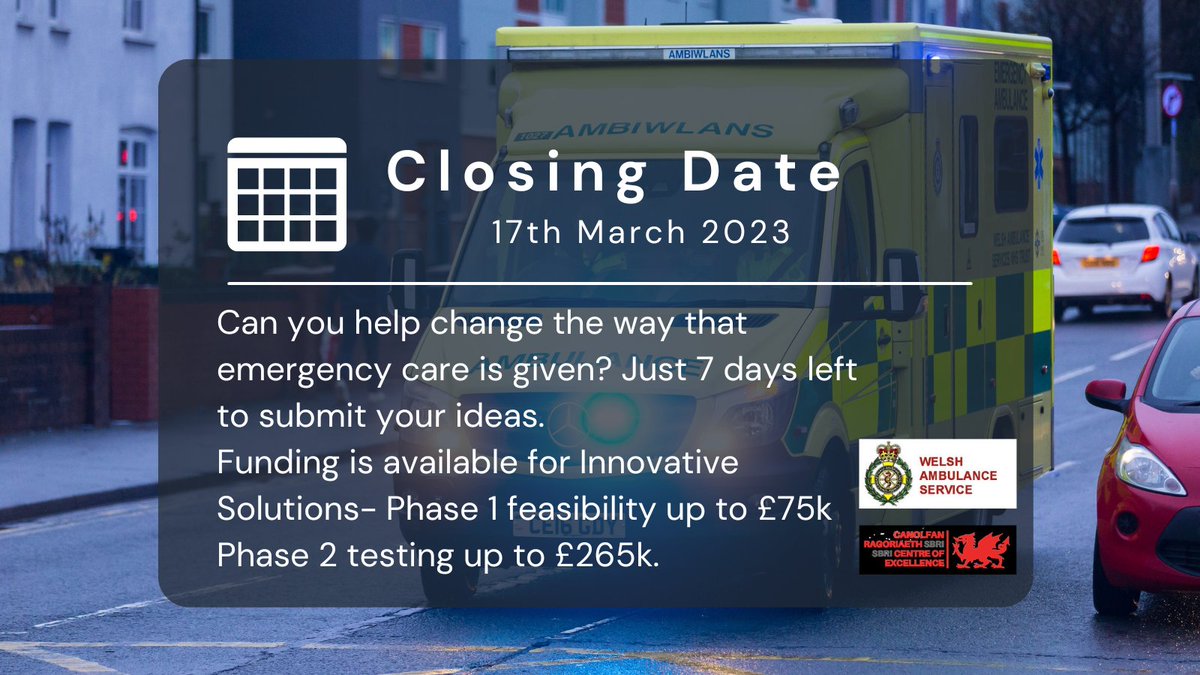 Call out to industry and academia, can you offer innovative solutions that help transform the way <a href="/WelshAmbulance/">Welsh Ambulance</a> deliver care? Find out more and apply here: bit.ly/3y2iq9O

#healthcare #medtech #diagnostics #innovation #funding #NHS #sbri