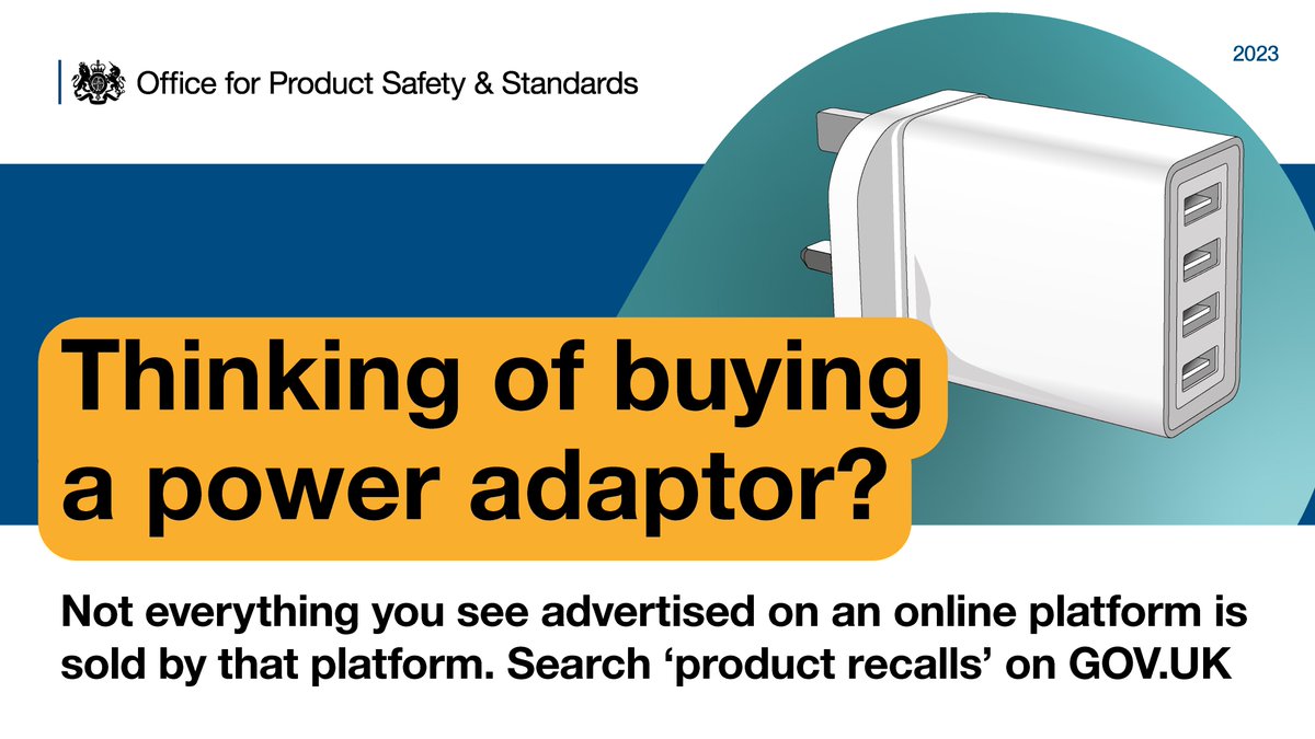 OfficeforSandS's tweet photo. Thinking of buying a power adaptor? Not everything you see advertised on an online platform is sold by that platform. Search 'product recalls' on https://t.co/qOahyqVBsm.
#UKProductSafety https://t.co/uQ4gQ5X4XS