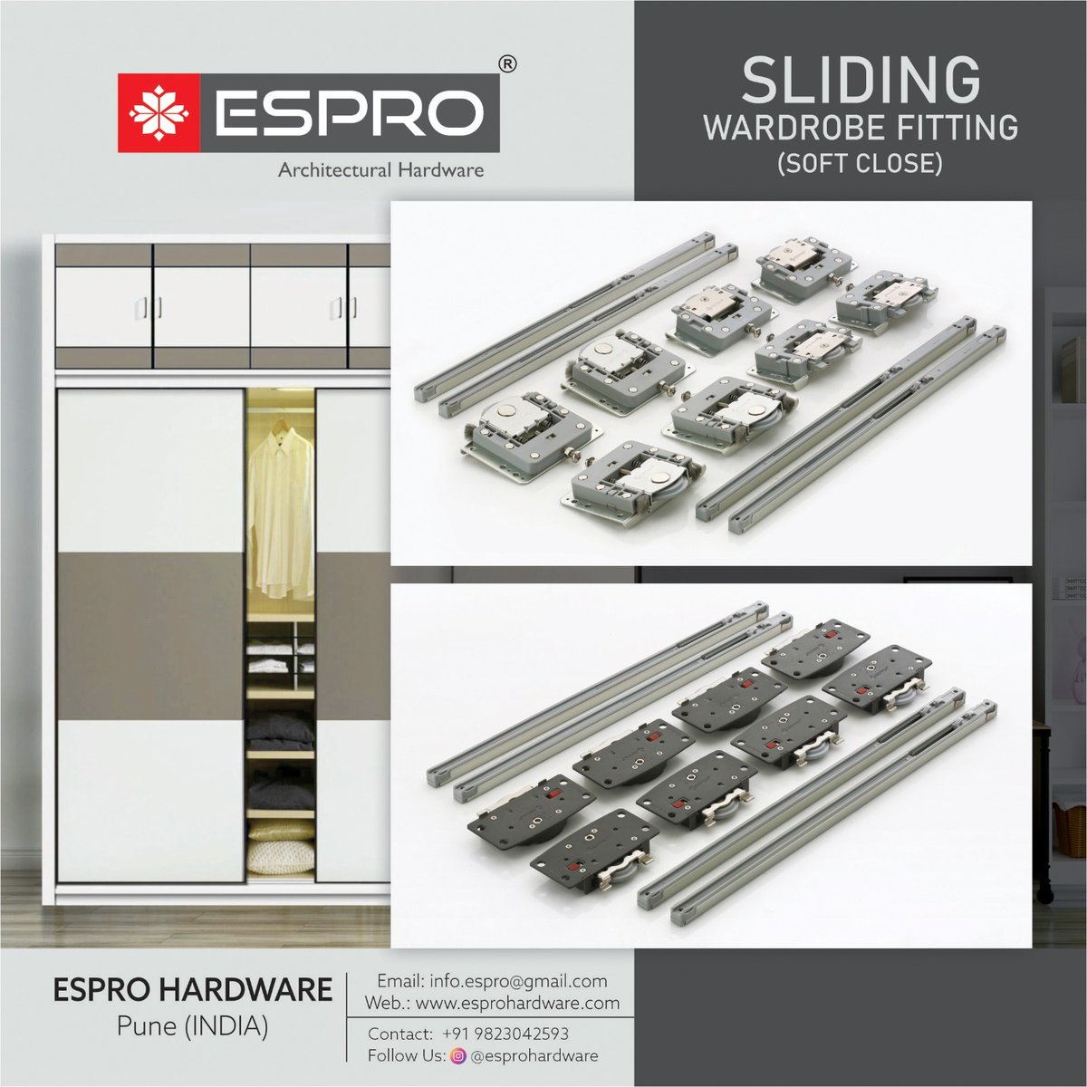 HardwareSamachr's tweet image. Organize your wardrobe neatly and effortlessly with the ESPRO #SlidingWardrobeFitting, featuring soft-close technology for a smooth and silent operation.
#Espro #EsproIndia #EsproPune #EsproHardware #SlidingWardrobeFitting #EsproArchitecturalHardware #ShreePlylam #KitchenHardware