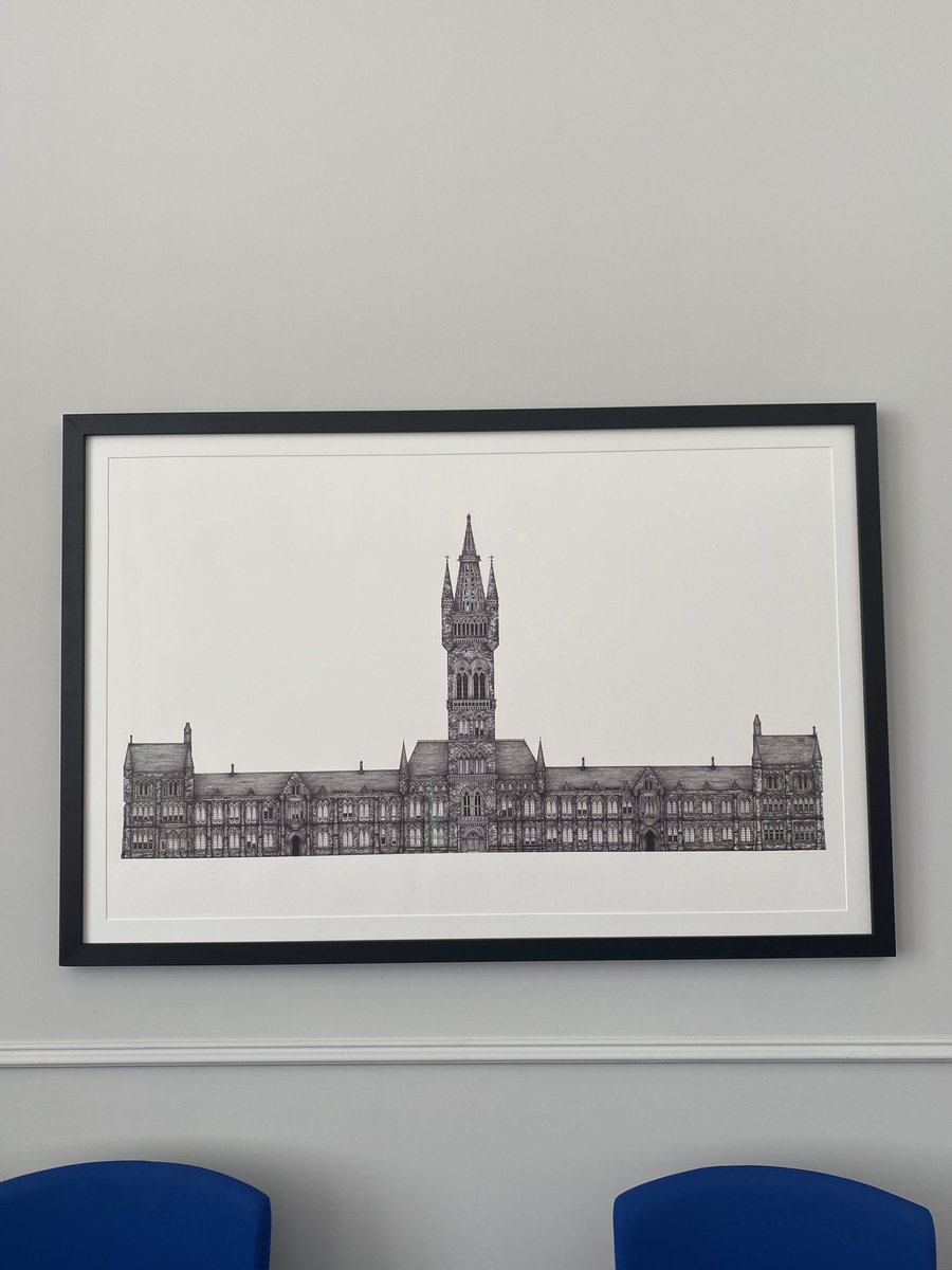 GraemeK73's tweet photo. A wonderful new addition to adorn the walls of one of our upstairs meeting rooms. Created by Jennifer Court, this wonderful vision of our @UofGlasgow Gilbert Scott Building - really is beautiful. Thank you to our colleagues @hunterian for their expert framing skills. https://t.co/echnA3o1TT