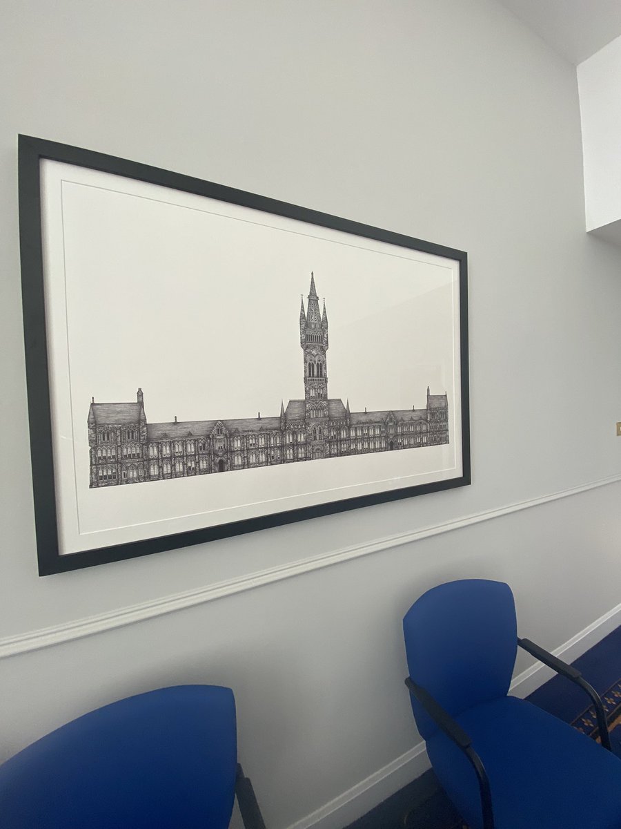 GraemeK73's tweet photo. A wonderful new addition to adorn the walls of one of our upstairs meeting rooms. Created by Jennifer Court, this wonderful vision of our @UofGlasgow Gilbert Scott Building - really is beautiful. Thank you to our colleagues @hunterian for their expert framing skills. https://t.co/echnA3o1TT