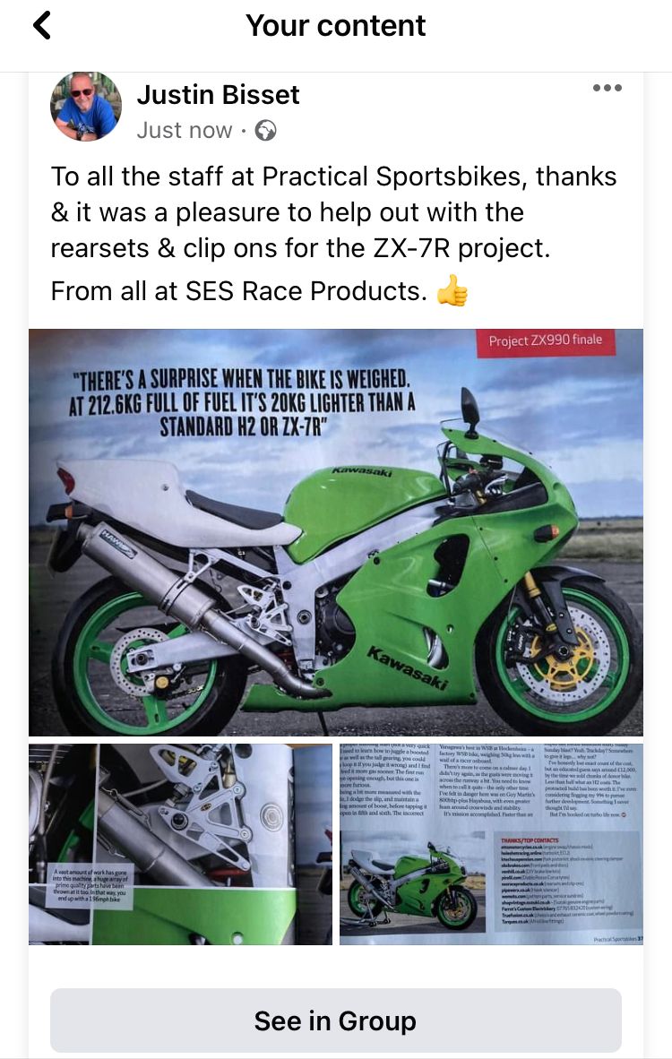 SESRaceProducts's tweet photo. Here at SES we are sorry to learn that Practical Sportsbikes magazine is coming to an end. We were proud to have helped and featured in their project bike ZX7R/990 turbo build. Supplying them with our Rearsets and Clip-ons #ZX7R #Kawasaki #ZXR750 #Rearsets #Clipons #Racing https://t.co/GnLIS4B8wJ
