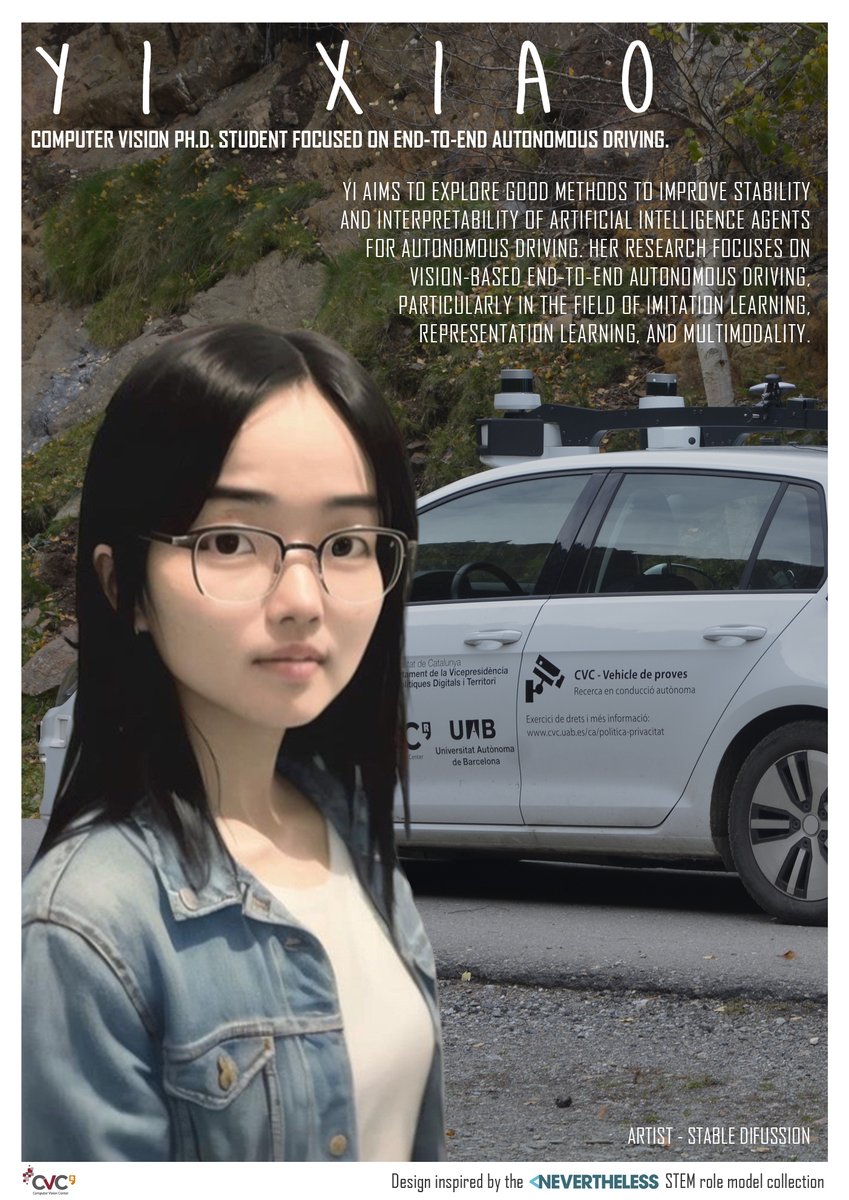 CVC_UAB's tweet photo. Our 6th #CVCWomeninScience poster is... Yi Xiao’s!!🎉♀️  

Yi is a #ComputerVision PhD student focused on End-to-End #AutonomusDriving🤖🚗

She aims to improve #AI stability &amp; interpretability methods in #AutonomusDriving using #MachineLearning

 #CVCPeople #11F #8M #phdlife https://t.co/AAVxRCpt4x