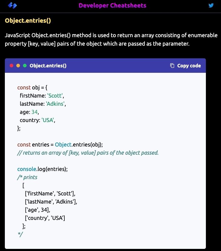 DevCheatsheets's tweet image. Object entries method - daily dose of JS.

Web Dev cheatsheets @ developercheatsheets.com

#webdevelopment #developer #cheatsheets #javascript