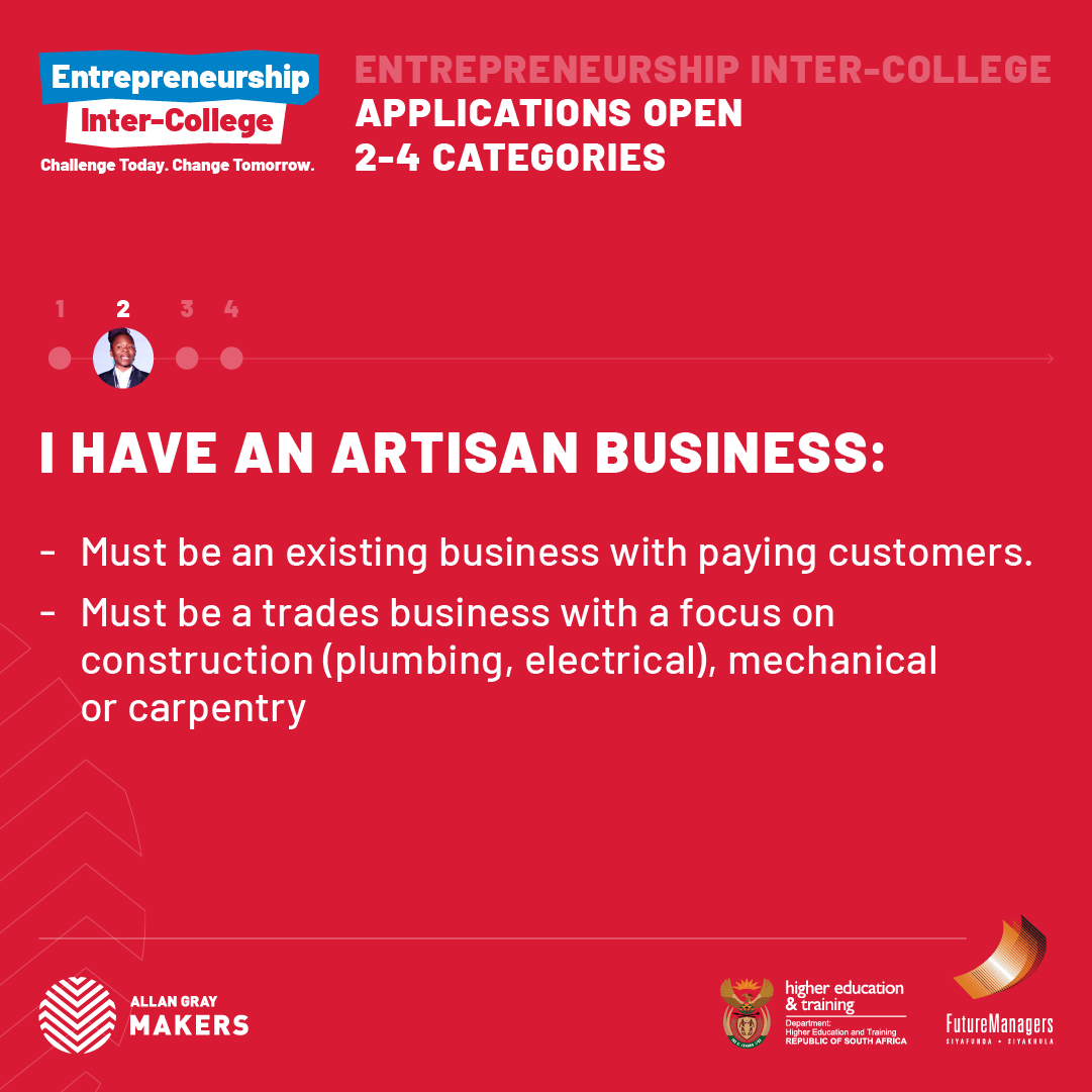 allangraymakers's tweet photo. Inter-College Applications are open! There are four categories under which you can enter.

💡 I have a Business Idea
🛠️ I have an Artisan Business 
💻 I have a Tech Business
💼 I have a General Business 

Enter here: https://t.co/JcoUBhCAoF 

#InterCollege https://t.co/dFBrA8A68e