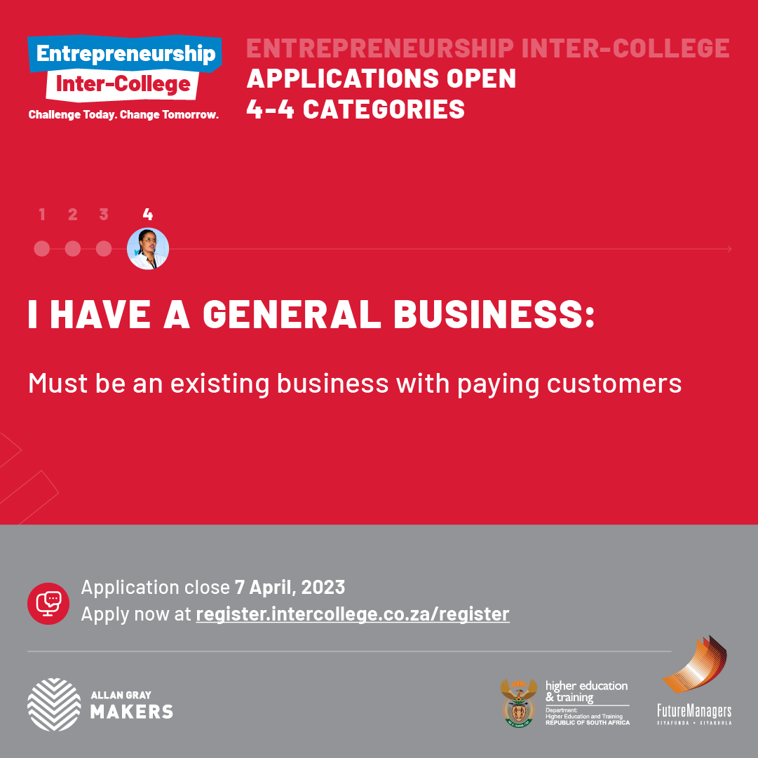 allangraymakers's tweet photo. Inter-College Applications are open! There are four categories under which you can enter.

💡 I have a Business Idea
🛠️ I have an Artisan Business 
💻 I have a Tech Business
💼 I have a General Business 

Enter here: https://t.co/JcoUBhCAoF 

#InterCollege https://t.co/dFBrA8A68e