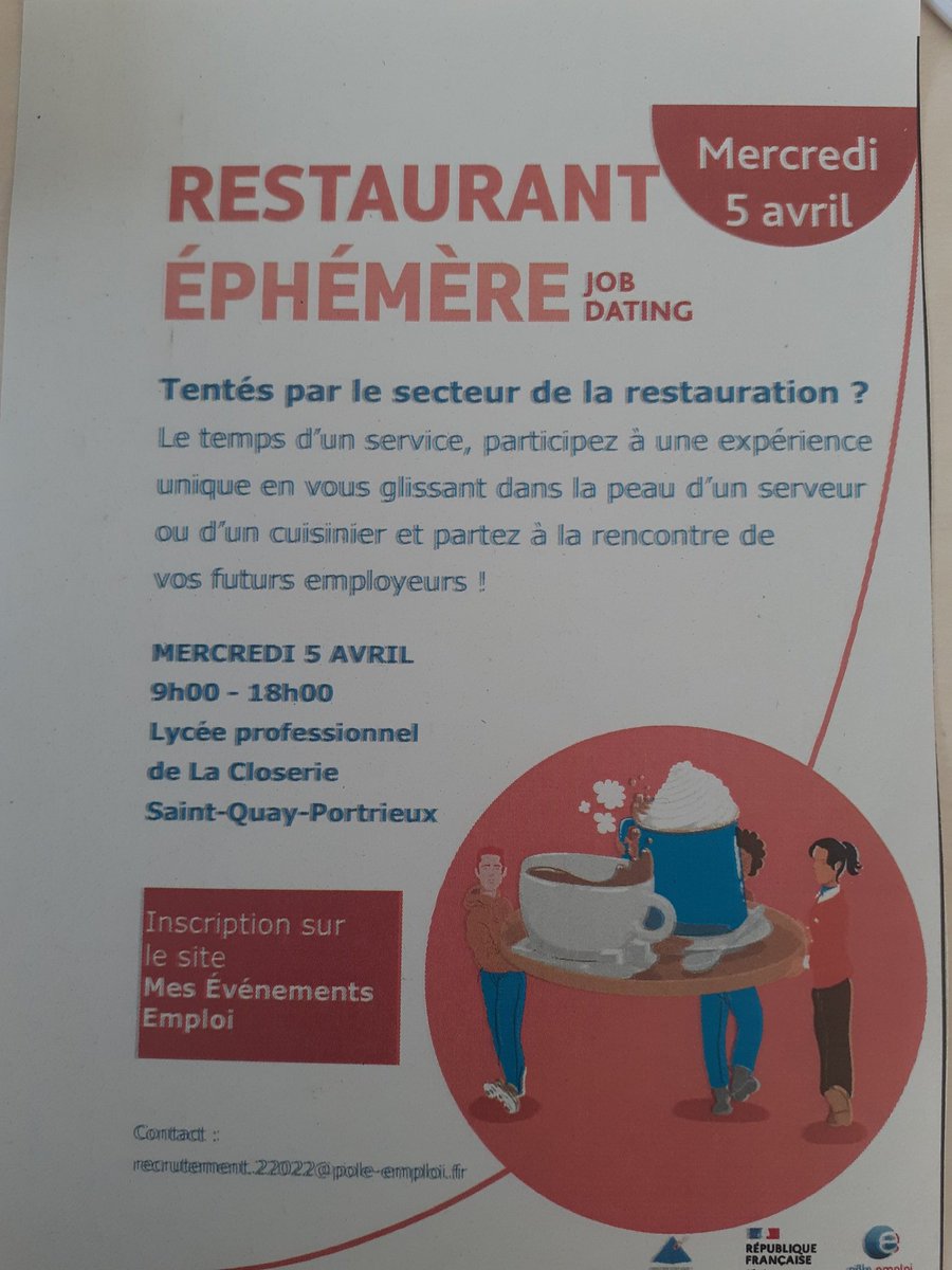 Vous voulez tester le métier  de cuisinier ou serveur ? Avec  des entreprises qui recrutent. 
Une date : le 05 Avril, Un lieu: Saint Quay Portrieux.
Comment s'inscrire ? Directement sur la plate-forme Mes événements 
@pole_emploi @Pole_Emploi_BZH <a href="/UMIH22/">UMIH 22</a> <a href="/regionbretagne/">Région Bretagne</a>