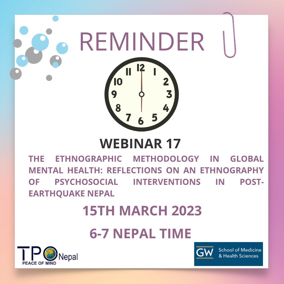 5 days to go for our 17th #webinar! 
'The #EthnographicMethodology in #GlobalMentalHealth: Reflections on an Ethnography of #PsychosocialInterventions in #PostEarthquakeNepal'.
📆3/15/2023
⏲️6 PM to 7 PM Nepal time
Please register here: 
docs.google.com/forms/d/e/1FAI…