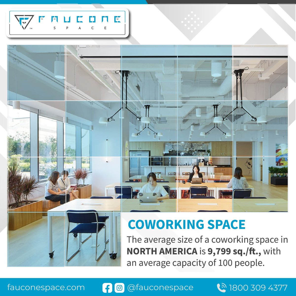 FauconeSpace's tweet photo. The average size of a coworking space in NORTH AMERICA is 9,799 sq./ft., with an average capacity of 100 people.

Please visit https://t.co/uEN7o1aA0B

#faucone #fauconespace #coworking #coworkingfacts #space #coworkingplace #coworkingstatistics #factoftheday #india #workspace https://t.co/Qqexs762oS