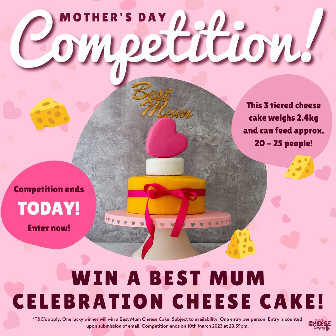 ChucklingCheese's tweet photo. 💖 COMPETITION ENDS TONIGHT! 💖

🧀 Win a "Mum's The Best" Celebration Cheese Cake!* 🧀 

Just in time for Mother's Day. 🥰 

🌟 Like, share &amp; tag someone who'd love this! 🌟 

To enter visit: https://t.co/U38zi7pXWp 

#chucklingcheese #notjustcheese *T&amp;C's apply. https://t.co/aeOhVOQ80F