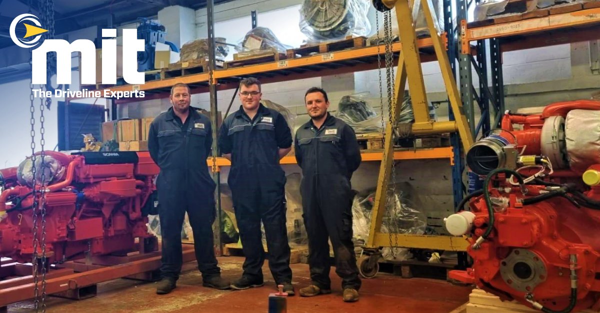 MITGroupUK's tweet photo. 2 x Scania engines with modified Twin Disc MGX5056SC gearboxes are completed and ready for uplift from our Southern workshop. Our team captured this great photo of our service engineers with the finished engines. #mitgroup #driveline #marineengineer https://t.co/p85TcxCvy0