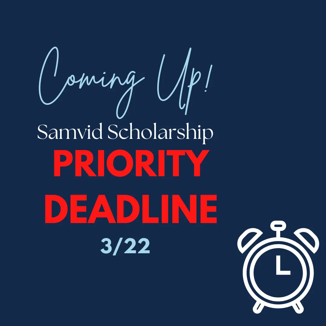 TopScholars1's tweet photo. DON'T FORGET! The priority deadline for the Samvid Scholarship is coming in ONE WEEK! Have a question about your application? Schedule an appointment today! https://t.co/0wp4KXuPpq