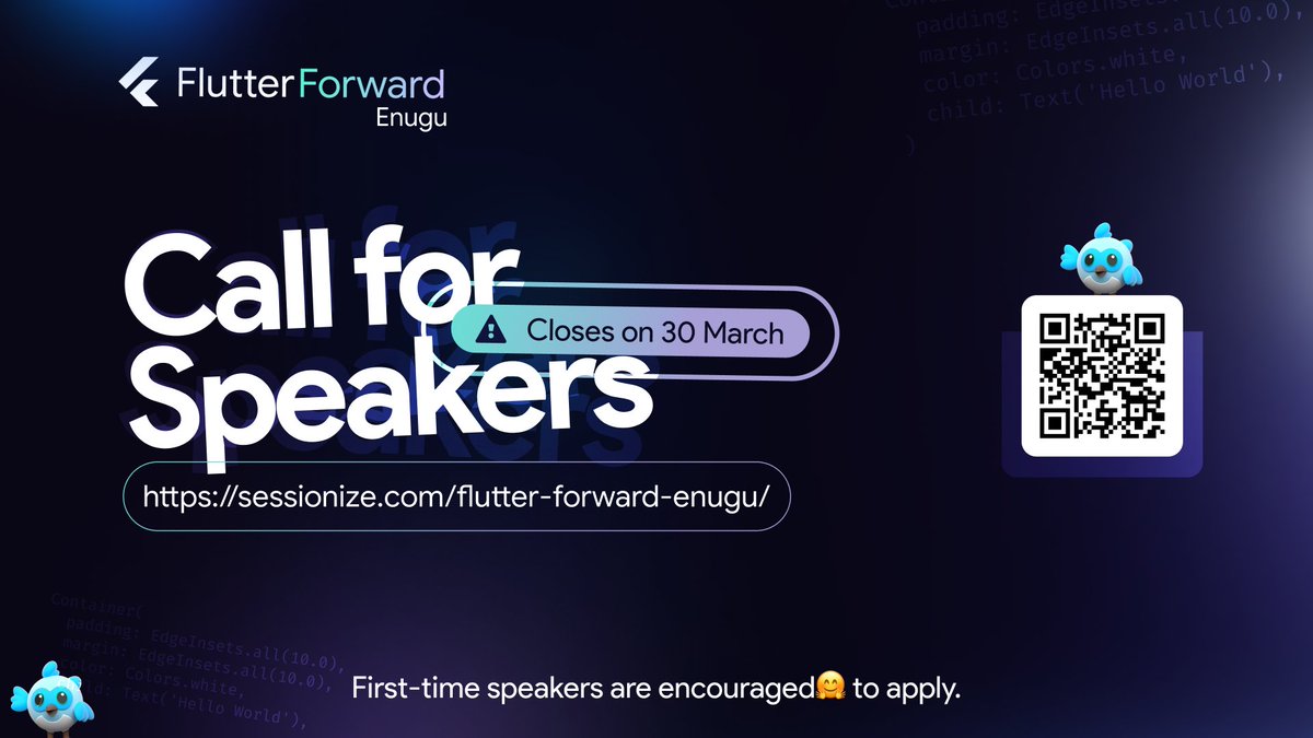 GdgEnugu's tweet image. 📢 CALL FOR SPEAKERS! 🎤

Flutter Forward Enugu is looking for speakers to share their knowledge and experiences in Flutter development at our upcoming event. 

To apply, please submit your proposal and speaker bio through the link on or before 30th March, 2023.