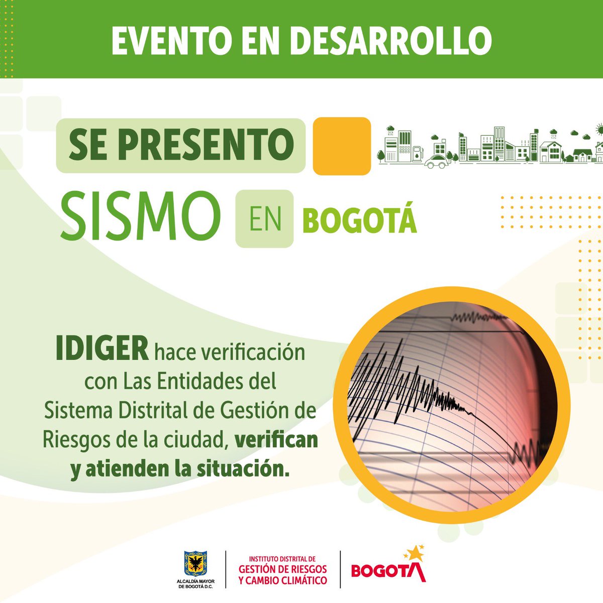IDIGER's tweet photo. #SismoEnBogota los mayores niveles de aceleración están en un rango de 2 a 5 cm/s2 y no son lo suficientemente altos como para causar daños en edificaciones. https://t.co/jdyChYm5Kg