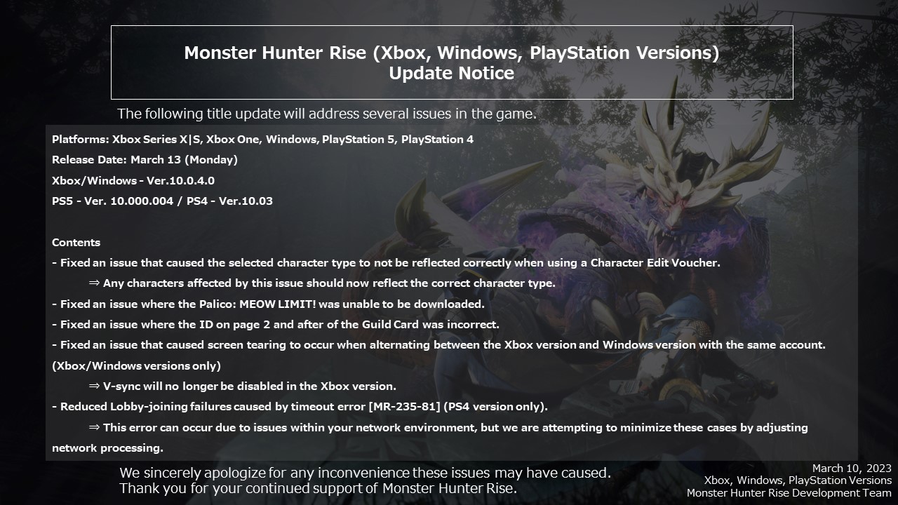 orkester lommeregner famlende Monster Hunter on Twitter: "A patch for #MHRise on Xbox Series X|S, Xbox  One, Windows, PlayStation 4 &amp; PlayStation 5 is coming March 13! Full  information can be found in the image