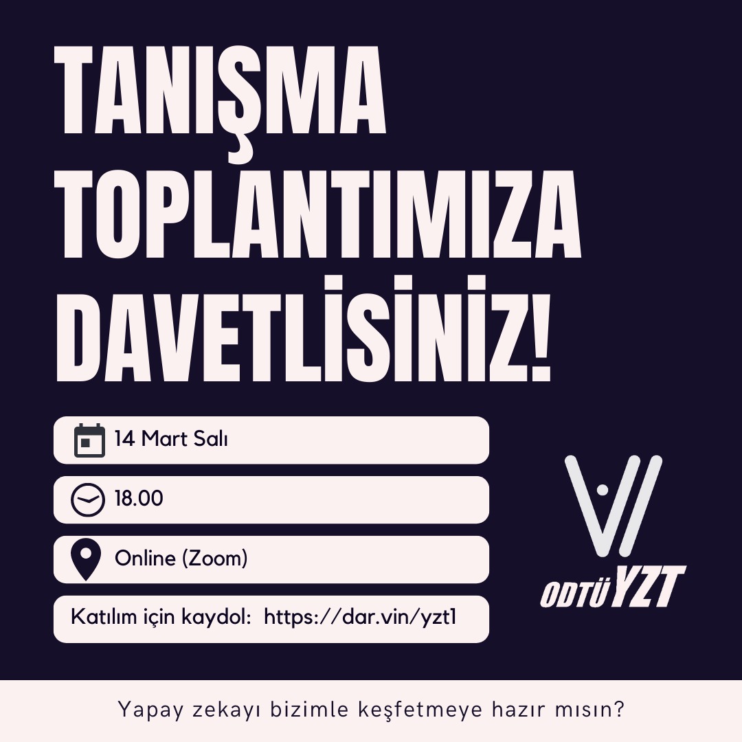 ODTUyzt's tweet photo. Herkese merhaba!

14 Mart Salı 18.00’de çevrimiçi gerçekleşecek tanışma toplantımıza hepinizi bekliyoruz, arayı kapatalım istiyoruz. Toplantı katılım bağlantısına profilimizden ulaşabilirsiniz.

Salı günü görüşmek üzere! 🚀🚀 https://t.co/GqGpLVECf1