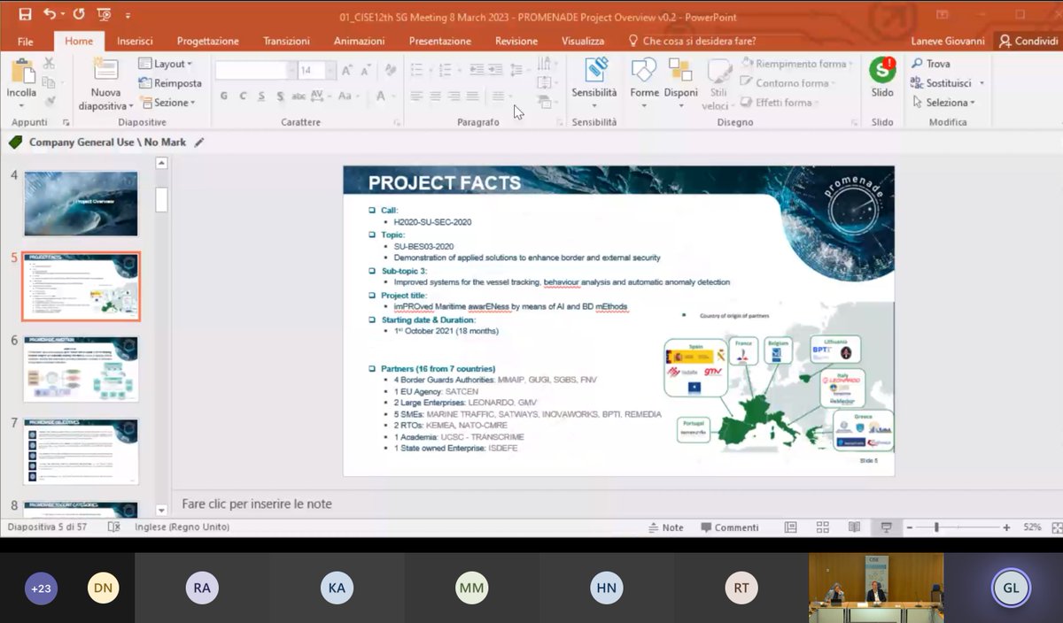 Thank you to our partner <a href="/LDO_Space/">Leonardo Space</a> that presented the #PROMENADE project at the "12th CISE Stakeholder Group" event, organized by the <a href="/EMSA_EU/">European Maritime Safety Agency (EMSA)</a> held in Brussels on March 8th, 2023.

Keep following us: lnkd.in/dsighbzG

#H2020 #EUCommission #BorderSecurity #CISE