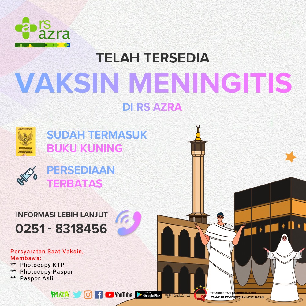 Vaksinasi Meningitis di RS AZRA dilengkapi dengan Buku Kuning ICV (International Certificate of Vaccination)
.
.
Wajib Booking terlebih dahulu di
Call Center RS AZRA 02518318456