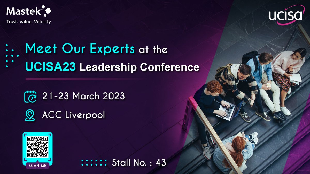Mastekltd's tweet image. 𝐖𝐞’𝐫𝐞 𝐇𝐞𝐚𝐝𝐞𝐝 𝐟𝐨𝐫 𝐭𝐡𝐞 𝐔𝐂𝐈𝐒𝐀 𝐋𝐞𝐚𝐝𝐞𝐫𝐬𝐡𝐢𝐩 𝐂𝐨𝐧𝐟𝐞𝐫𝐞𝐧𝐜𝐞 𝟐𝟎𝟐𝟑 on 21-23 March 2023 at ACC Liverpool.
We will be at Stall No. 43.

Please scan the QR code on the image to book a 1-1 appointment with us at the stall.

#ucisa #highereducation