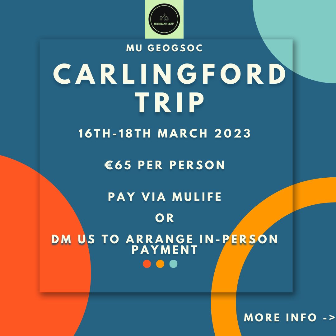 MUGeogSoc's tweet photo. Sure it wouldn’t be GeogSoc without a trip away!

Join us from the 16th-18th of March on our CARLINGFORD trip. €65 per person includes everything except meals. Pay online or DM us!

See you there :)

@Maynoothgeog @geogsocire https://t.co/Cc1LDAvGpu