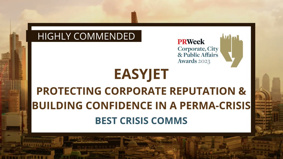 PRWeekAwards's tweet photo. The winners for #PRWeekCCPA 2023 have been announced.
Congratulations to easyJet who were highly commended by the judges for Best Crisis Comms 👏
Well done to everyone who was shortlisted!
View all the winners here ➡ https://t.co/RJ7ZTtJC0o https://t.co/k6ldiYFpTf