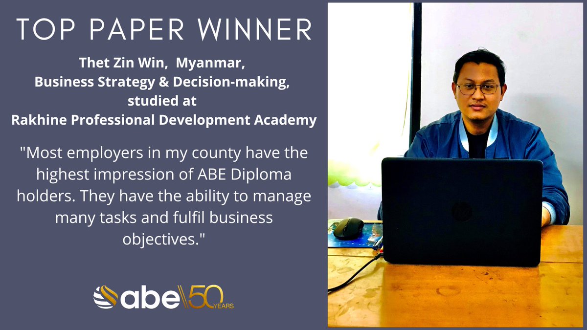 abetalk's tweet photo. Congratulations to Thet Zin Win, an NGO professional who chose ABE to gain leadership skills to compete on the international stage. He plans to support local communities and international humanitarian organisations. #ABEway. Read more:
https://t.co/G4dhRE5HRy
#TopPaperWinner https://t.co/QUgePQYrcN