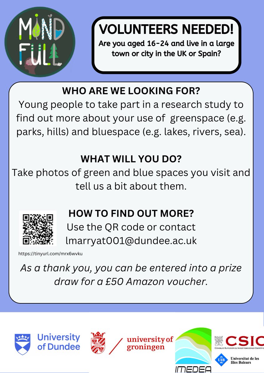 PLS RT: Researchers from <a href="/UoDHealthSci/">School of Health Sciences, University of Dundee</a> <a href="/univgroningen/">University of Groningen</a> <a href="/IMEDEA_UIB_CSIC/">IMEDEA (UIB-CSIC)</a>  <a href="/LISERinLUX/">LISER</a> <a href="/OpenUniversity/">The Open University</a> <a href="/UniStrathclyde/">University of Strathclyde</a> are wanting to find out about how young adults use greenspace &amp; bluespace (e.g. lakes/sea) to develop a study about impact of green/bluespace on mental health 1/2