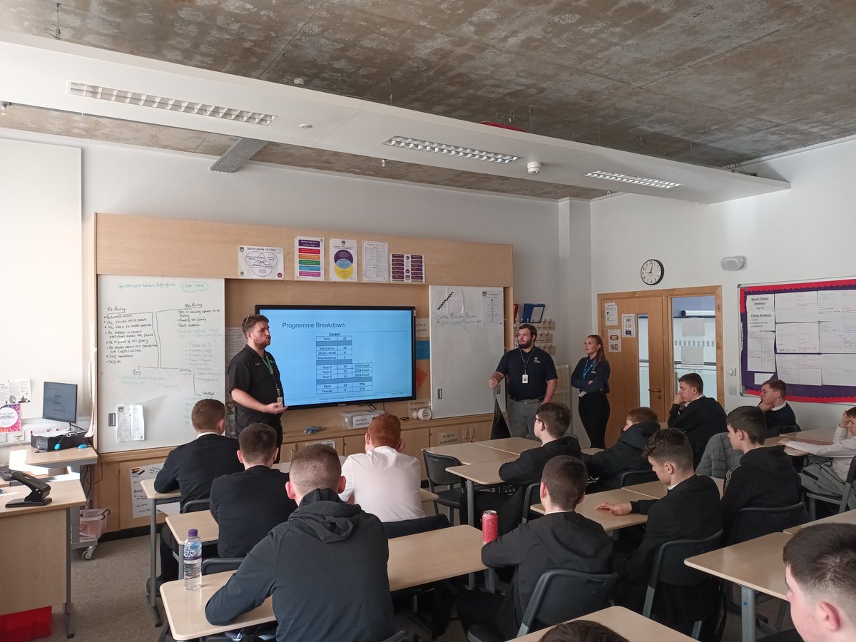 Thank you very much to Aidan, Becc & Issac from @GE_Aerospace who gave an apprenticeship talk to our pupils today as part of our #SAW2023 activities. It was great to hear about the opportunities & it inspired some additional college applications. #raisethebarr @BarrheadHighSch