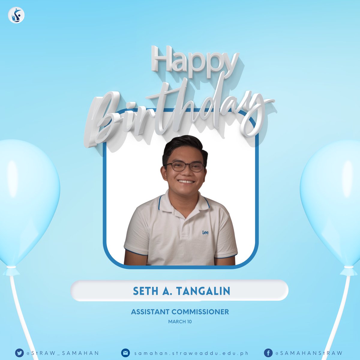 StRAW_SAMAHAN's tweet photo. Today is #SETHDAY 🥳

Happy birthday to our Assistant Commissioner of Students’ Rights and Welfare, 𝙎𝙚𝙩𝙝 𝙏𝙖𝙣𝙜𝙖𝙡𝙞𝙣! 🎂

May this year ahead be a prosperous one and bring you all the success and happiness you deserve. 

#StRAWForEveryone 👥
#HereAndNow ⚡️ https://t.co/cxQDbF5v2d