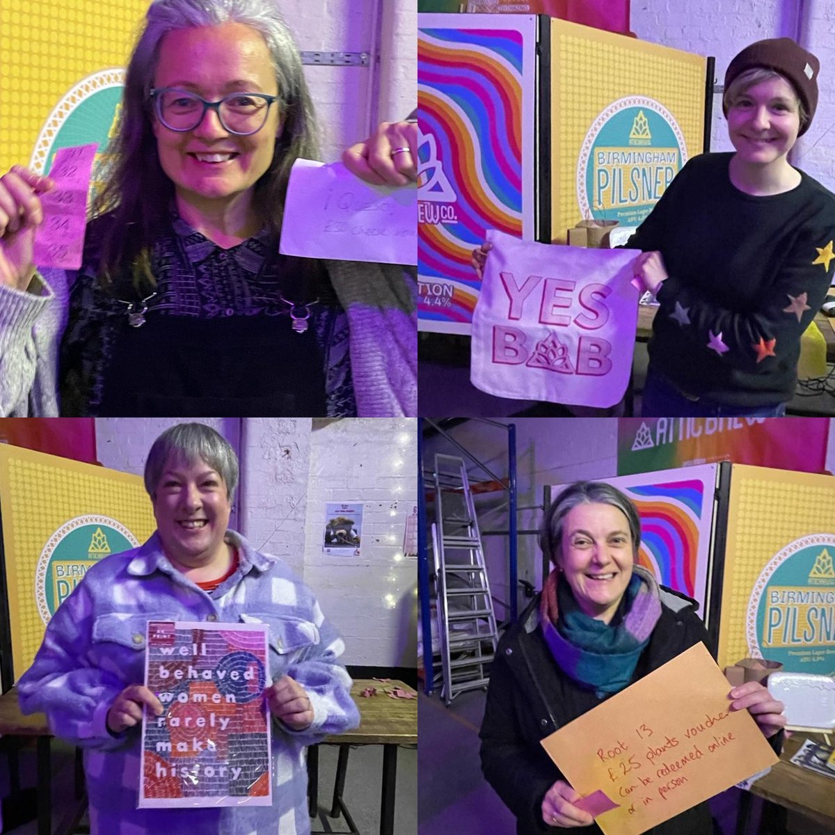BrewHaHaBrum's tweet photo. Here are some of our lucky raffle winners from our #InternationalWomensDay gig at @atticbrewco. We raised over £1000 for @dvsouthbham . Thanks to all the local indies who donated prizes, plus @jessphillips and @Herring1967 . And of course thanks to all who came. ❤️👏 https://t.co/gXYxoPst2D