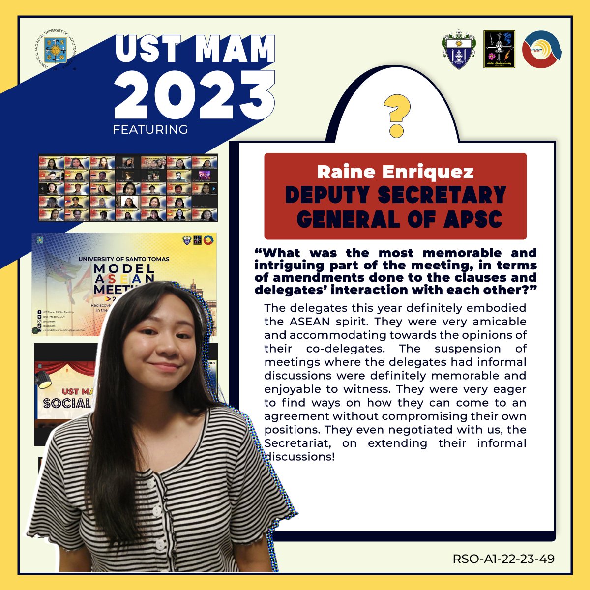 USTModelASEAN's tweet photo. ᴄᴀɴ'ᴛ ɢᴇᴛ ᴇɴᴏᴜɢʜ ᴏꜰ ᴛʜɪꜱ ʏᴇᴀʀ'ꜱ ᴜꜱᴛ ᴍᴀᴍ?

After the AEC recap, let us now note the insights from the ASEAN Political-Security Community Deputy Secretary-General, Ms. Raine Enriquez, on what transpired in the meetings for the APSC.

(1/3) https://t.co/zsIbZE4KVj