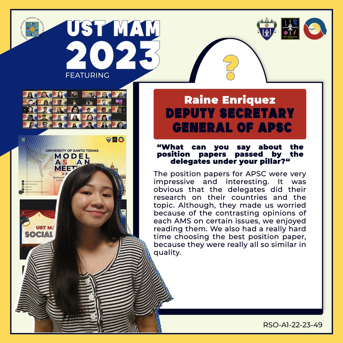 USTModelASEAN's tweet photo. According to her, this year’s delegates truly embodied the ASEAN Spirit as they showed eagerness in reaching common ground. This became the key towards the pillar’s biggest achievement—the successful adoption of the draft resolution to the Chairman’s Statement.

(2/3) https://t.co/cYCNucsVsY