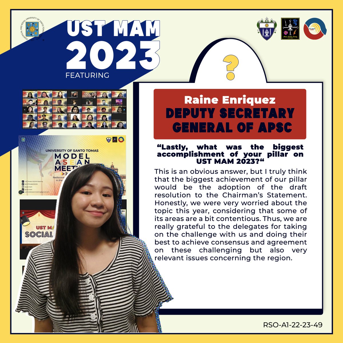 USTModelASEAN's tweet photo. According to her, this year’s delegates truly embodied the ASEAN Spirit as they showed eagerness in reaching common ground. This became the key towards the pillar’s biggest achievement—the successful adoption of the draft resolution to the Chairman’s Statement.

(2/3) https://t.co/cYCNucsVsY