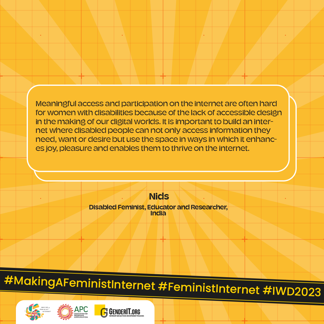 ✊🏾 #FeministInternet is "where disabled people can not only access info they need, want or desire but use space in ways that it enhances joy, pleasure &amp; enables them to thrive on the internet."

@thecatlyf talks about FPI on #Access: feministinternet.org/en/access

#IWD2023 #DigitALL