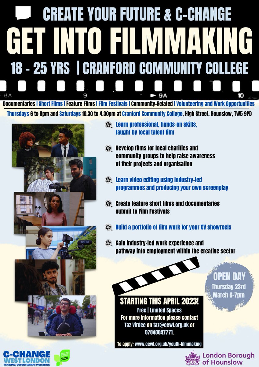 cchangewl's tweet photo. We're excited to launch our 'A Thriving Hounslow: Create Your Future - Get Into Filmmaking Programme' starting this April for 18 to 25yrs. To learn more: https://t.co/PgpHuJO3to. Start your film journey with us! @LBofHounslow Pls share @CPPHounslow @Londnr @BFI @hestonwestcp 🎞️ https://t.co/4ja9olMoy7