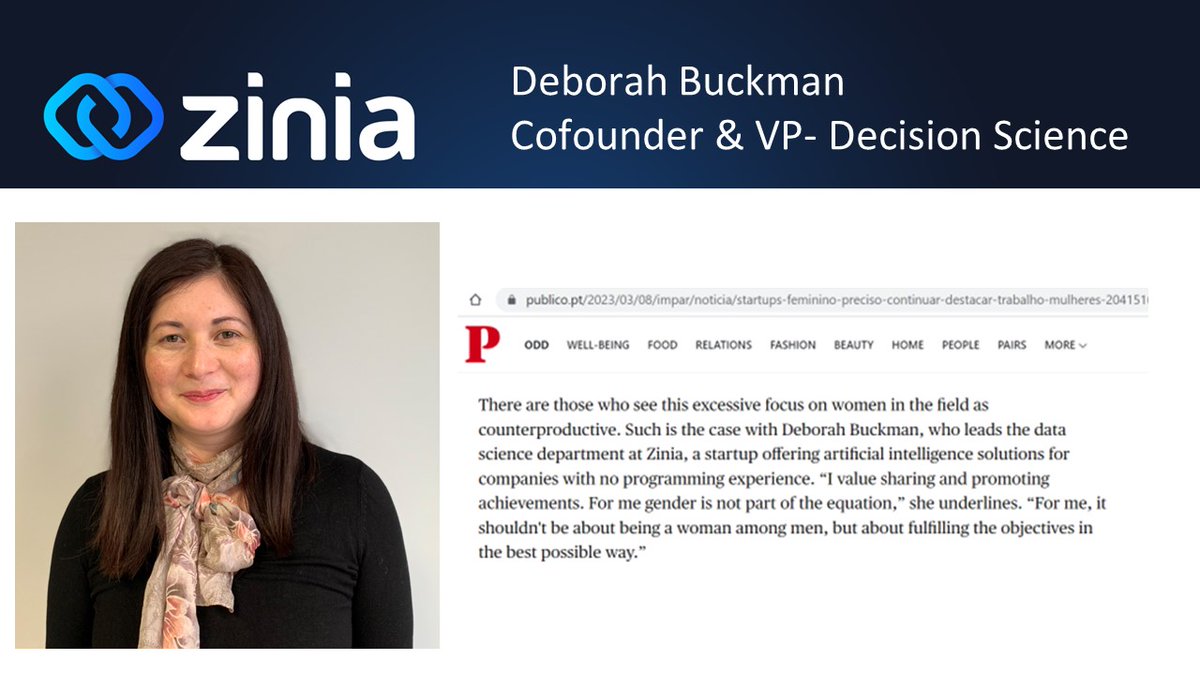 Zinia_ai's tweet photo. @Zinia_ai Co-founder, Deborah Buckman on her journey with Zinia, and advice for young female professionals getting into this sector!

Some of her thoughts were picked up by @Publico 

#entrepreneurship #womenintech #womensday #technology #ai #datascience https://t.co/bXVqnwERBz