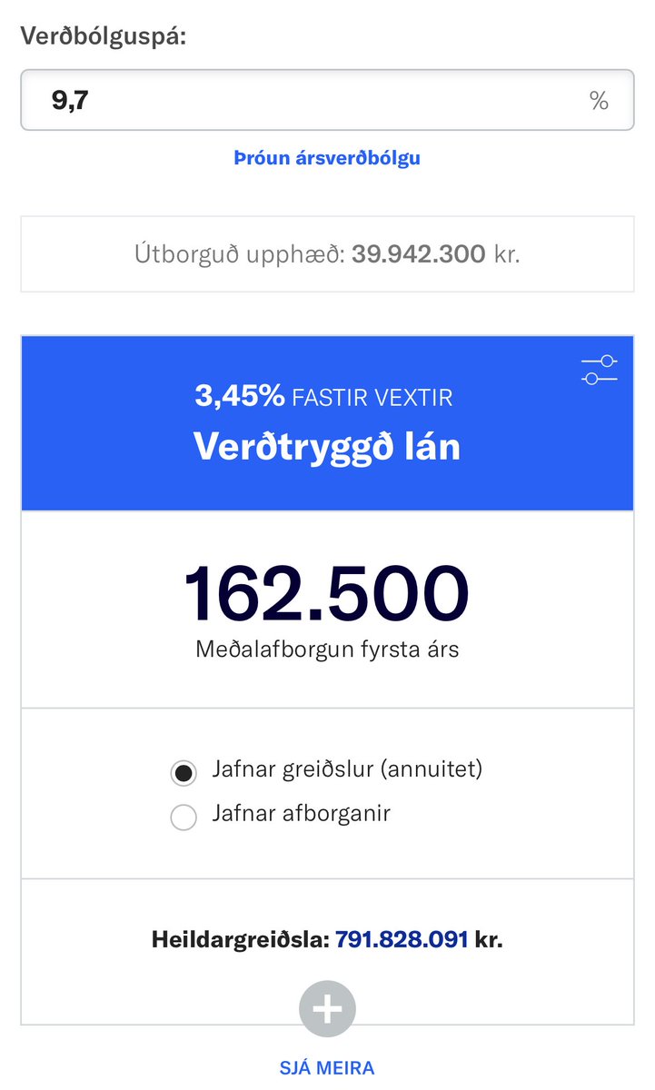 GD: Já góðan dag, ég ætla að fá 80% lán til að kaupa 50 milljón króna íbúð takk 

Lánasjomli: Jess, ekkert mál, það gerir sjöhundruð níutíu og eina milljón, áttahundruð tuttugu og átta þúsund, níutíu og eina krónu

GD: Næs, takk 🙃